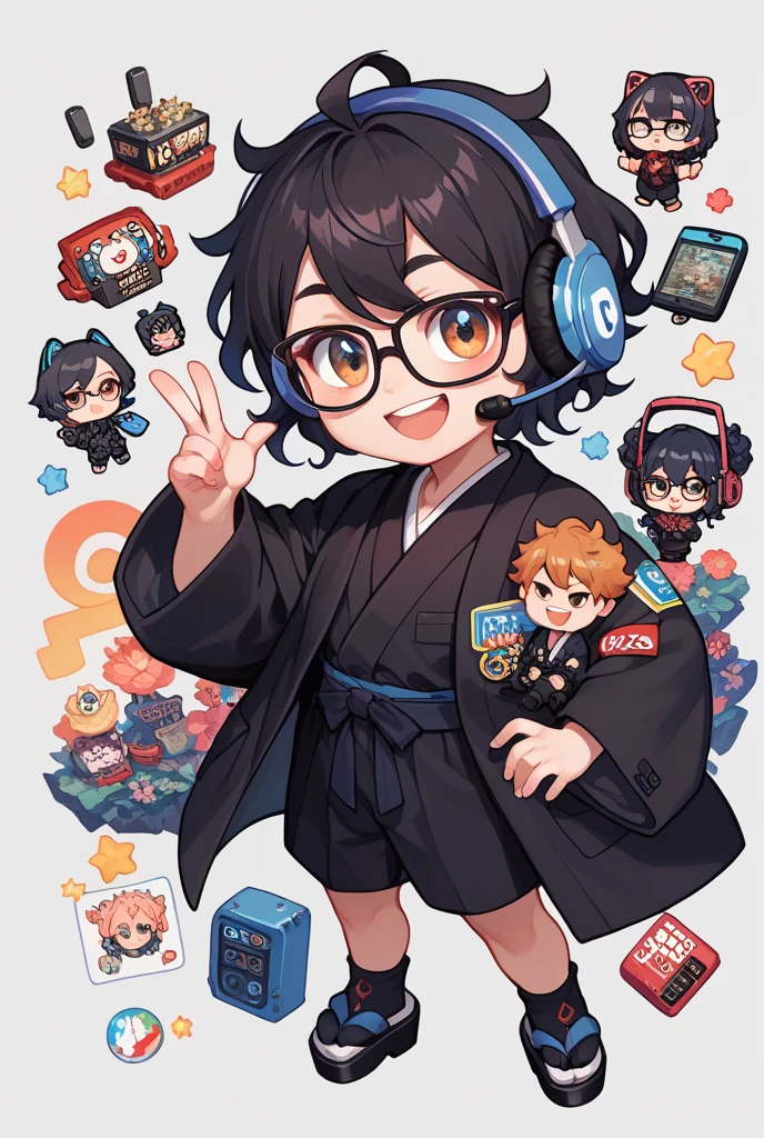 A one Japanese boy wearing black suit, A one Japanese girl wearing black Japanese-kimono, black wavy hair, semi-short hair, wearing glasses, Front facing, gaming headset, full body image, icon, smiling, chibi, kawaii