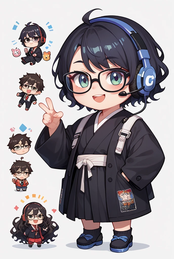 A one Japanese boy wearing black suit, A one Japanese girl wearing black Japanese-kimono, black wavy hair, semi-short hair, wearing glasses, Front facing, gaming headset, full body image, icon, smiling, chibi, kawaii