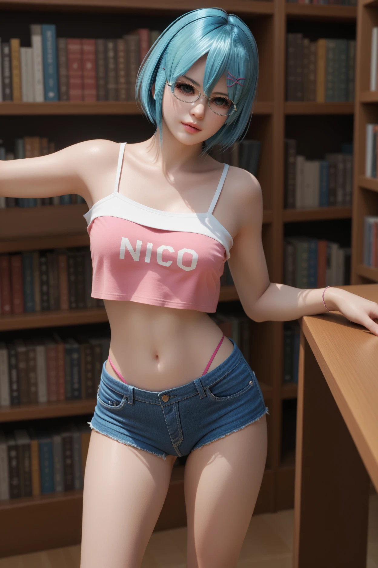 nico, pink one-shoulder crop top, mini jeans, shorts, thong, library, sexy, glasses, score_9, score_8_up, score_7_up, zPDXL3