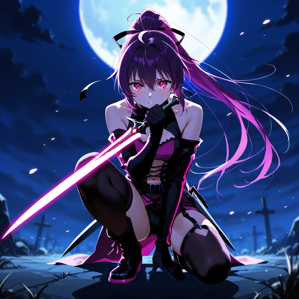  girl　Japanese style　 fantasy 　 Another World　 ponytail　 from the front　darkness　knife