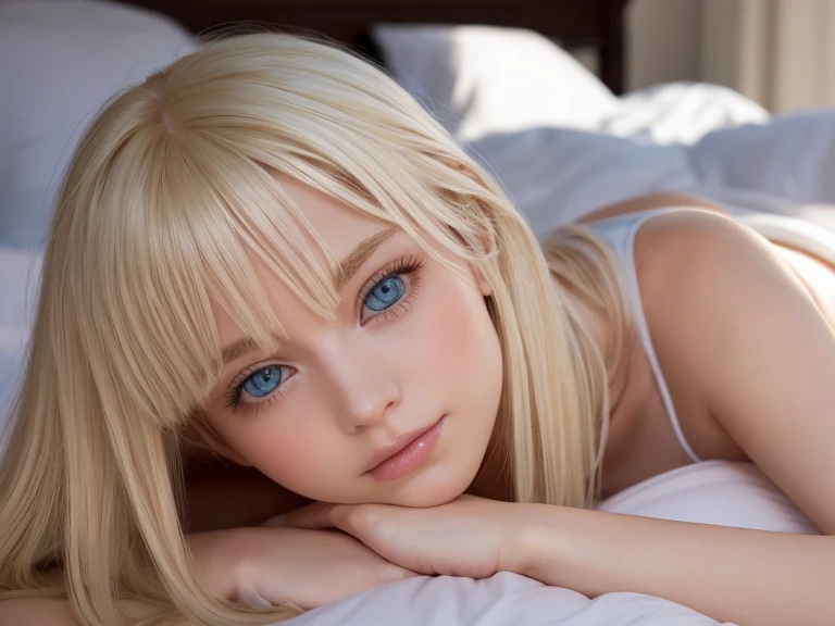  surreal,  super detailed ,  beautiful blonde girl , Super long platinum blonde straight hair,Larger breasts, Very large, incredibly bright blue eyes, Teenage beauty,summer, From the bed、 lying on your back 、 on all fours、Bangs above the face、Small Face Beauty、Round face、Very white, young and beautiful skin