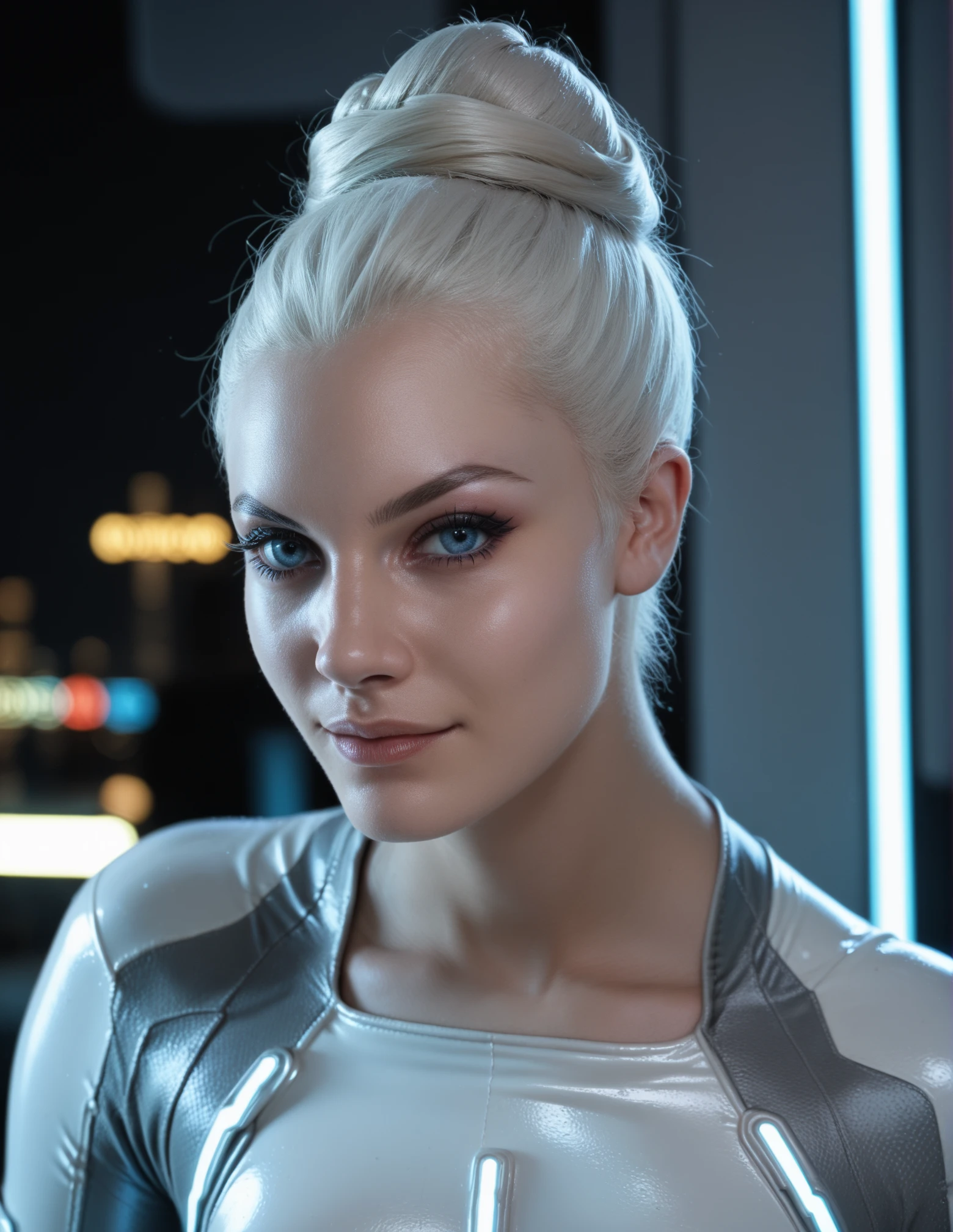 1girl, portrait, white hair, pale skin, blue eyes, neon, bun, bodysuit, solo, makeup, midriff, looking at the viewer g3m, score_9, score_8_up, score_7_up, score_6_up