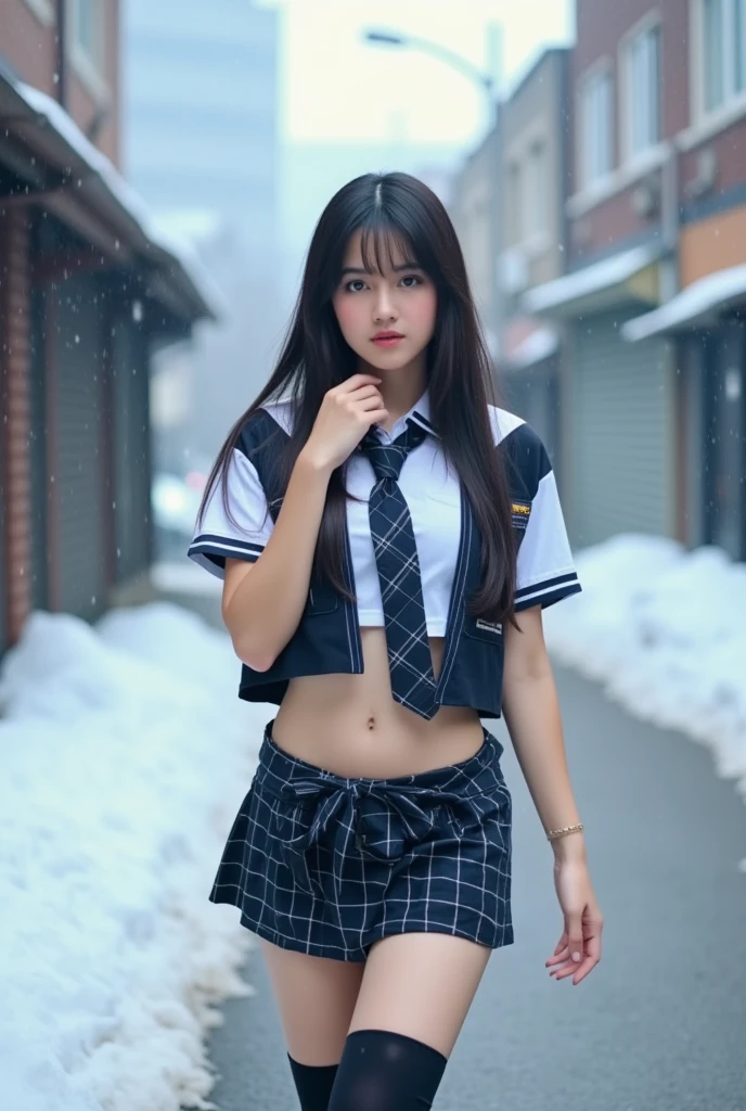 slutry young woman wearing sexy school uniform standing on the snowy street