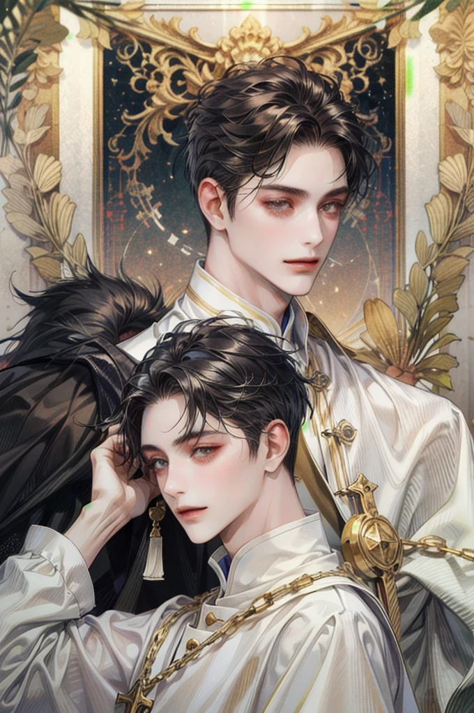 (( top quality, masterpiece, absurbres, Super resolution )),  young man, Black hair,  gold eyes, Smiling despicably, priest, papal,  Beautiful, 1 man, 30 years old