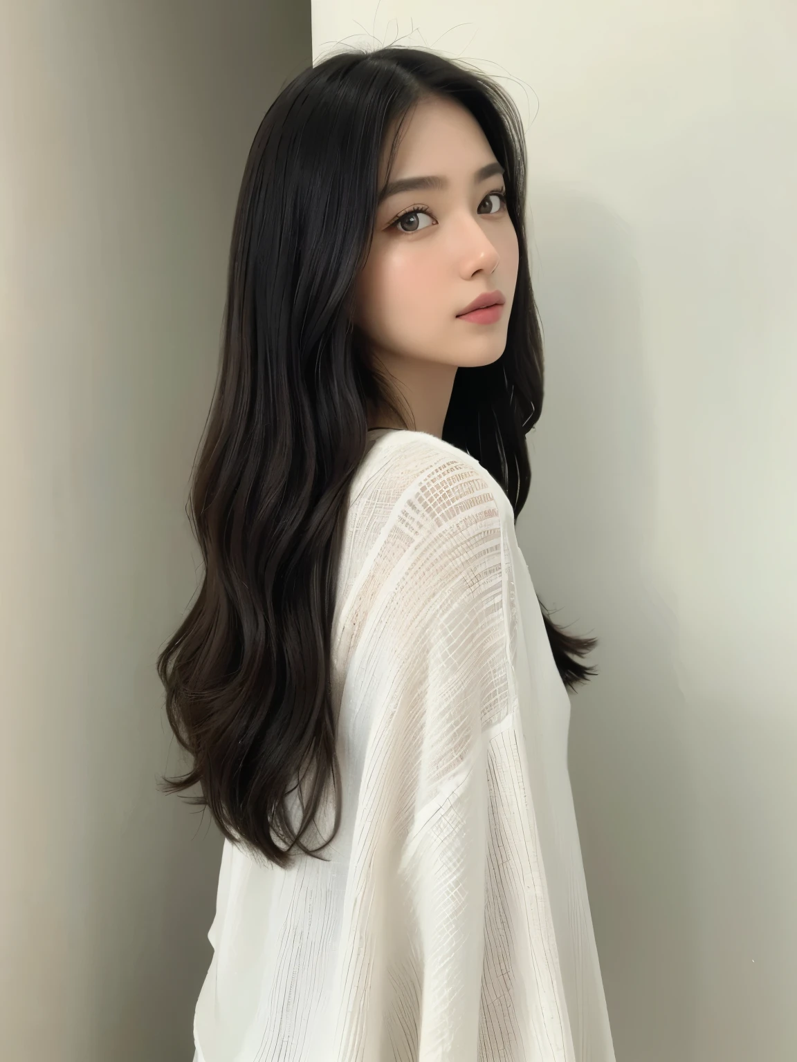 ((highest quality、8k、masterpiece:1.3))、ultra high resolution、(photorealistic:1.4)、raw photos、Japanese,(details face)、real、Shot in natural light、Highly detailed face and skin texture、highly detailed lips、correct state of the human body、straight hair、black hair、various poses、Natural Color Lip 、long hair、black hairstraight hair、straight hair、shot from behind、Don't look at the camera、professional lighting、angle from behind、Shot in natural light、super detail、30 generations、actress、Hair is straight、Emphasizes the shine of hair、white blouse、white wall、Taken in front of the white door、( White Wall Room with Windows)