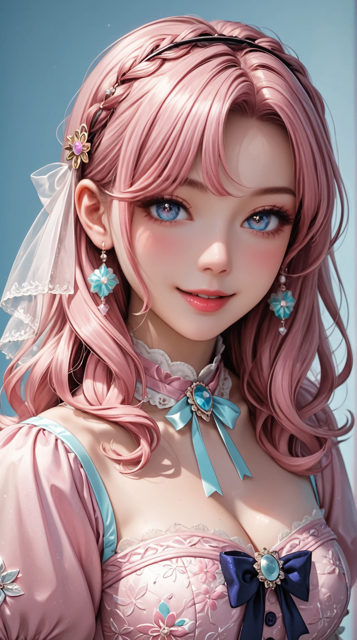 "portrait of a young Korean woman, full-body, standing elegantly, anime-inspired, delicate facial features, large almond-shaped lilac eyes that shine with a soft glow, flawless porcelain skin with a subtle pink blush, long silky pink hair cascading all the way to her feet, hair strands detailed and flowing gracefully, styled with a light natural wave, adorned with small crystal hairpins. She is wearing an exquisite Japanese lolita outfit: a frilly, Victorian-inspired dress in soft pastel pink and white, decorated with lace, ribbons, and delicate bows, short puffed sleeves, fitted bodice, and a wide layered skirt reaching mid-thigh, creating a bell-shaped silhouette. The dress has small floral embroidery details and sparkling pearls. She is wearing glass-like crystal shoes that glimmer with light reflection, slender crystal heels, perfectly complementing her attire. Her legs are long, slender, and gracefully posed, slightly crossed for a sexy yet refined look, skin smooth and radiant. Her expression is serene and confident with a hint of playfulness, a small smile on her soft pink lips, her posture is poised and feminine. The background is a soft, dreamy pastel gradient—white and pink, slightly blurred to emphasize the subject. Lighting is gentle and diffused, casting a subtle glow that highlights her flawless features and outfit. Art style is ultra-realistic anime with fine details and vibrant colors, highly detailed textures in hair, clothing, and accessories, cinematic lighting, sharp focus on the subject. A sense of elegance, beauty, and delicate sensuality."
