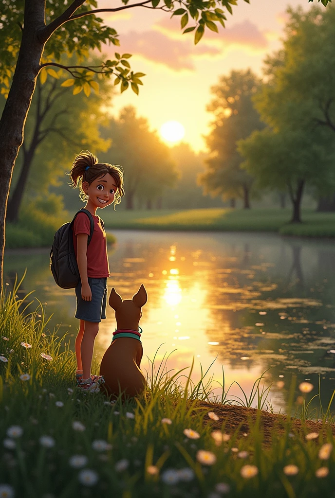 The pond is now mostly free of litter, sparkling in the golden light of the setting sun. Lily smiles proudly as she stands near the water’s edge, looking at the clean pond. Max sits happily beside her. The trees and grass are green again, and the sky is painted with warm colors of sunset. The atmosphere feels calm and hopeful.