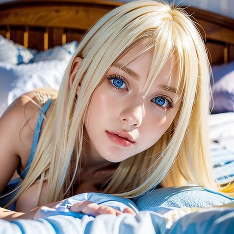  surreal,  super detailed ,  beautiful blonde girl , Super long platinum blonde straight hair,Larger breasts, Very large, incredibly bright blue eyes, Teenage beauty,summer, From the bed、 lying on your back 、 on all fours、Bangs above the face、Small Face Beauty、Round face、Very white, young and beautiful skin