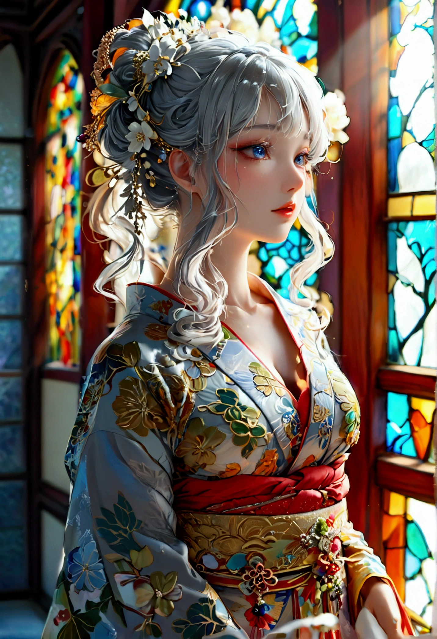 Highest quality, Super quality, 16K, Incredibly absurd, Very detailed, 2.5D, delicate and dynamic, palace, Stained glass, chandelier, Complex Light, , , , Small face, Extremely delicate facial expression, Delicate eye depiction, Extremely detailed hair, (full body photo:1.3), erotic, sole sexy Japanese lady, healthy slim body, 22 years old lady, ,  ((large breasts:1.2), (huge breasts:1.2), (Uplifted and well-defined bust:1.2), (lifted chest:1.2), (perky breasts :1.2),(deep cleavage:1.4),, white silver long hair, sexy long legs, Glowing Skin, Soft Skin, wearing a Japanese traditional Yukata, A complex costume, Costumes in complex colors, Are standing, 