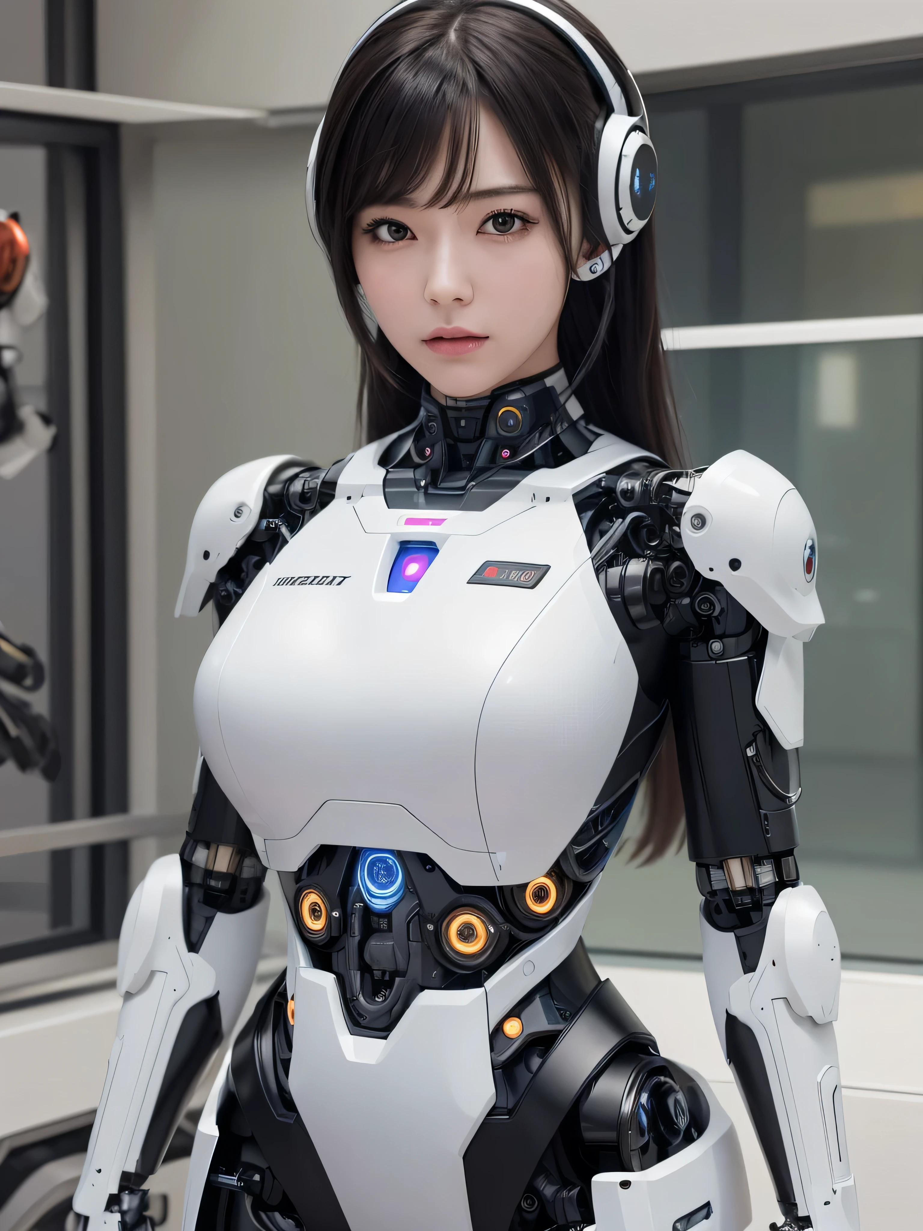 masterpiece, best quality, extremely detailed, (photorealistic:1.4), (RAW photo) (RAW photo) (8K, 4K, Best Quality, hight resolution, 超A high resolution:1.1), (masutepiece, Realistic, Photorealsitic:1.1), 1girl in, Japaese Cyborg girl,Plump , control panels,android,Droid,Mechanical Hand, Robot arms and legs, Black Robot Parts,Black hair,Mechanical body,Blunt bangs,White robotics parts,perfect robot girl,future laboratory,cyber pank,charging spot,laboratory,long tube,thick cable connected her neck,ceramic body ,mechanical body, ear antenna,mechanical ear cover, black leggings,mechanical costume,android,robot,humanoid,cyborg,japanese teenager android ,mechanical chest,perfect cyborg girl