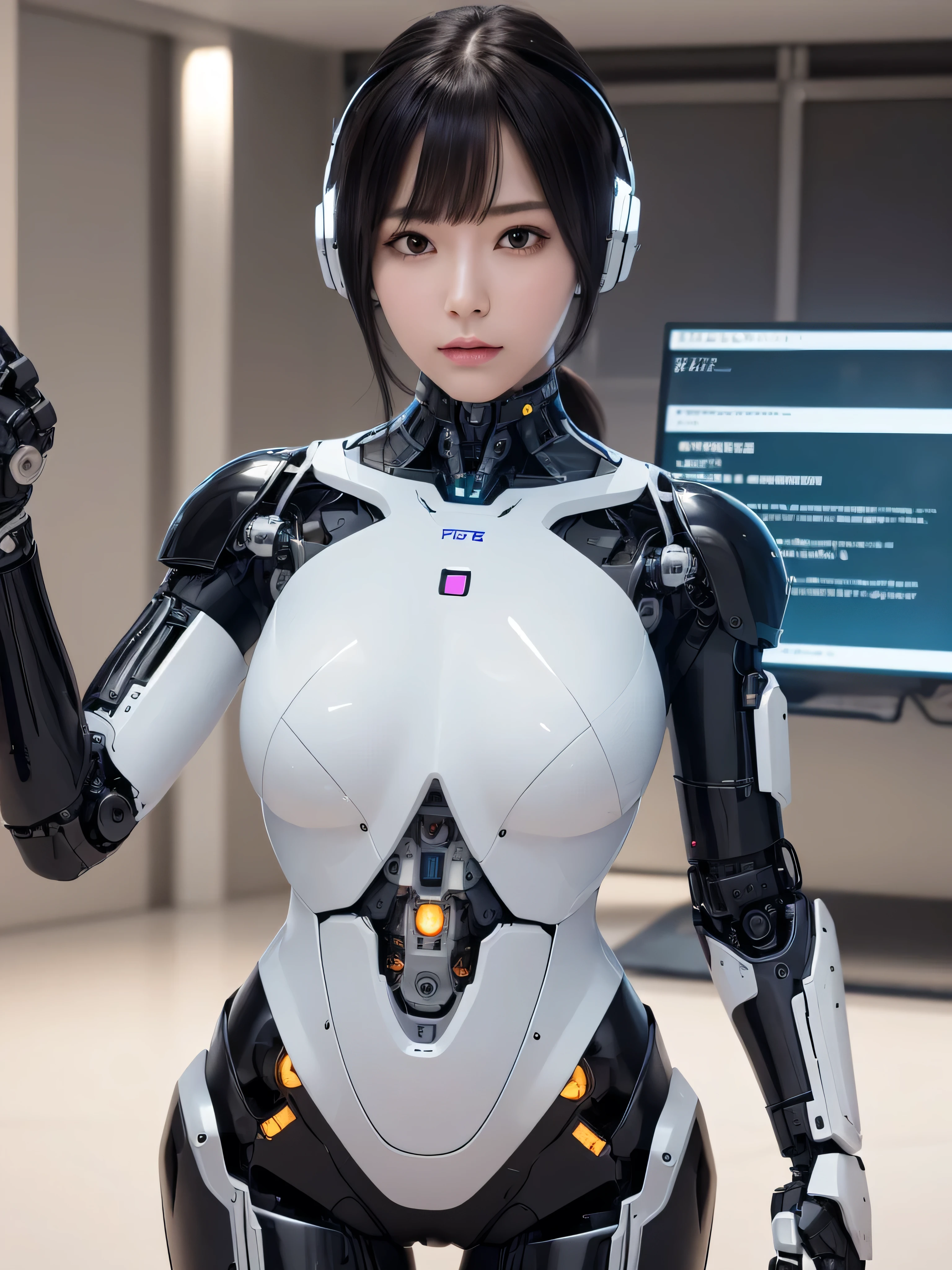 masterpiece, best quality, extremely detailed, (photorealistic:1.4), (RAW photo) (RAW photo) (8K, 4K, Best Quality, hight resolution, 超A high resolution:1.1), (masutepiece, Realistic, Photorealsitic:1.1), 1girl in, Japaese Cyborg girl,Plump , control panels,android,Droid,Mechanical Hand, Robot arms and legs, Black Robot Parts,Black hair,Mechanical body,Blunt bangs,White robotics parts,perfect robot girl,future laboratory,cyber pank,charging spot,laboratory,long tube,thick cable connected her neck,ceramic body ,mechanical body, ear antenna,mechanical ear cover, black leggings,mechanical costume,android,robot,humanoid,cyborg,japanese teenager android ,mechanical chest,perfect cyborg girl