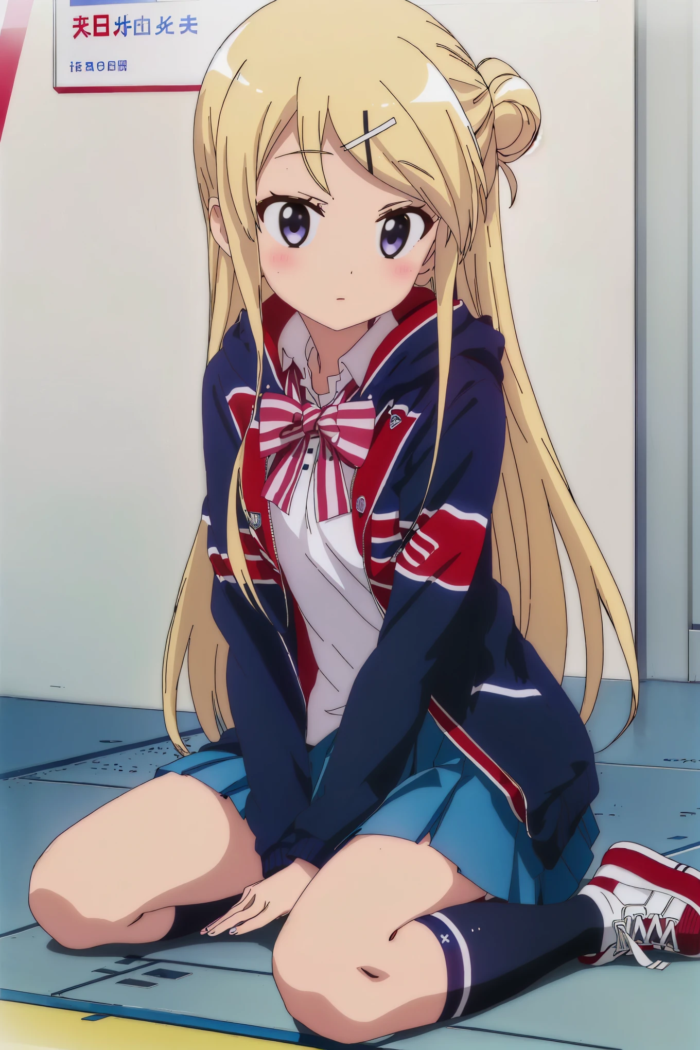 KUJO KAREN UNION JACK JACKET, a girl in a sailor suit who is unwell sitting on the floor of the gymnasium is watching the class, STRIPED BOW, WHITE SHIRT, LONG SLEEVES, PLEATED SKIRT, BLUE SKIRT, KNEEHIGHS, SNEAKERS