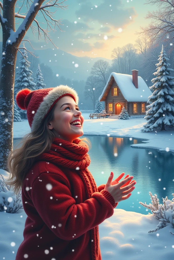 a painting. winter. One girl 20 years age standing with gifts in winter red dress facing camera smiling and laughing, brown hair, winter cap, influencer style, in background Amidst snow-kissed pines and festive cheer, r a joyous holiday season. magic of Christmas, night time starry night with snow, laughter and love. Season's Greetings, in background snowy house, Kids playing snowballs, snowmen, Sledding down the hill, skating. rink. Pine trees in the snow. Frosty Day. The city. High-rise buildings. merriment. joying. A lot of children in background, snow man, dog, gifts, warm christmas , girl smilling facing camera, 20 year 25year old, gifts in hand, , orange glow in sky, dawn