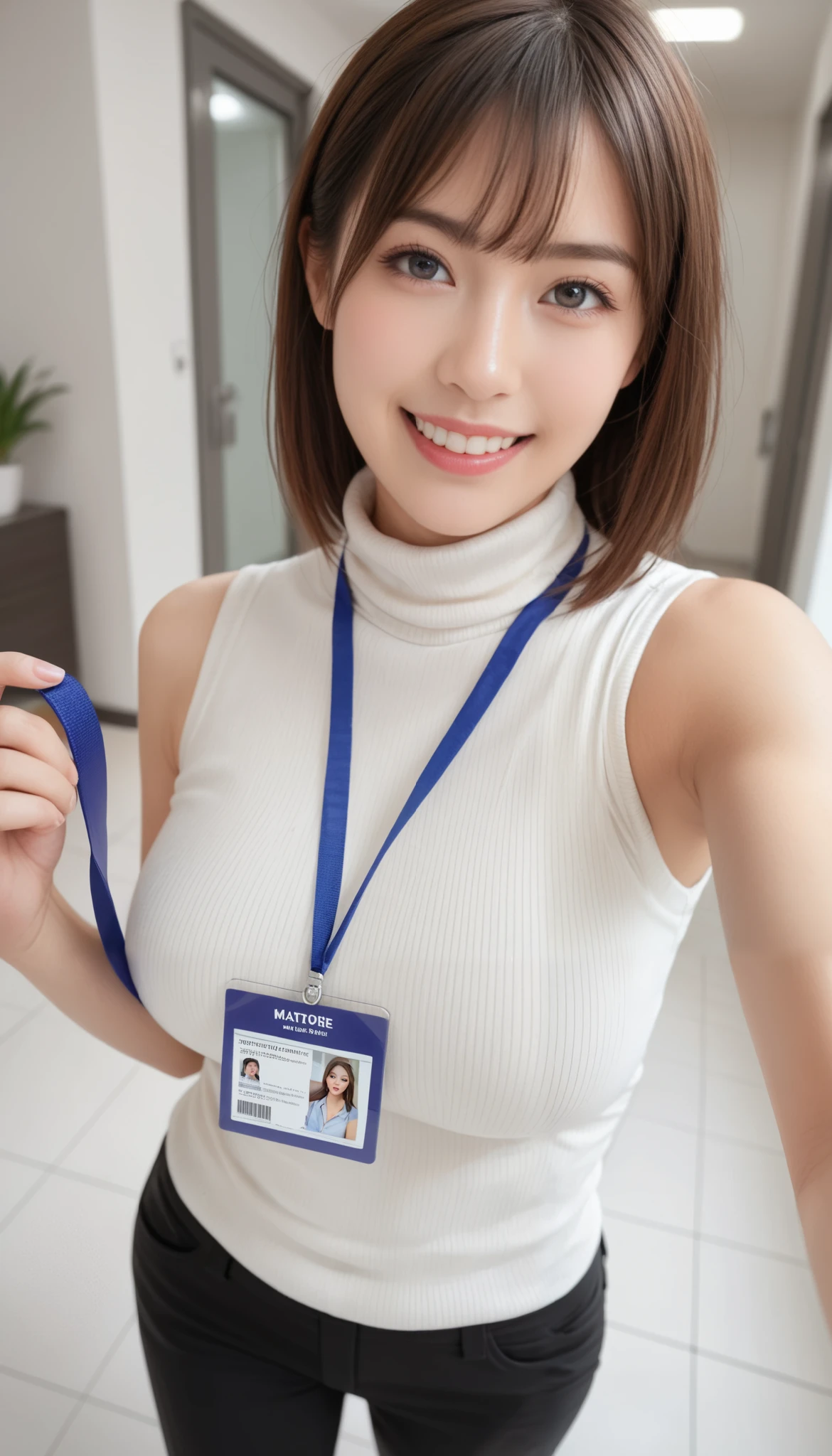 ultra detailed, detailed face, detailed eyes, beautiful doe eyes, masterpiece, best quality, photo realistic, absurdres, 8K, raw photo, 1girl, solo, beautiful young woman, 20yo, realistic skin texture, shiny skin, office, chino pants, turtleneck, id card, lanyard, sleeveless, perfect body, natural big breasts, grin, walking in the office,((face is not shown)), ((Walking while taking selfies from below the neck)), ((from above side left))