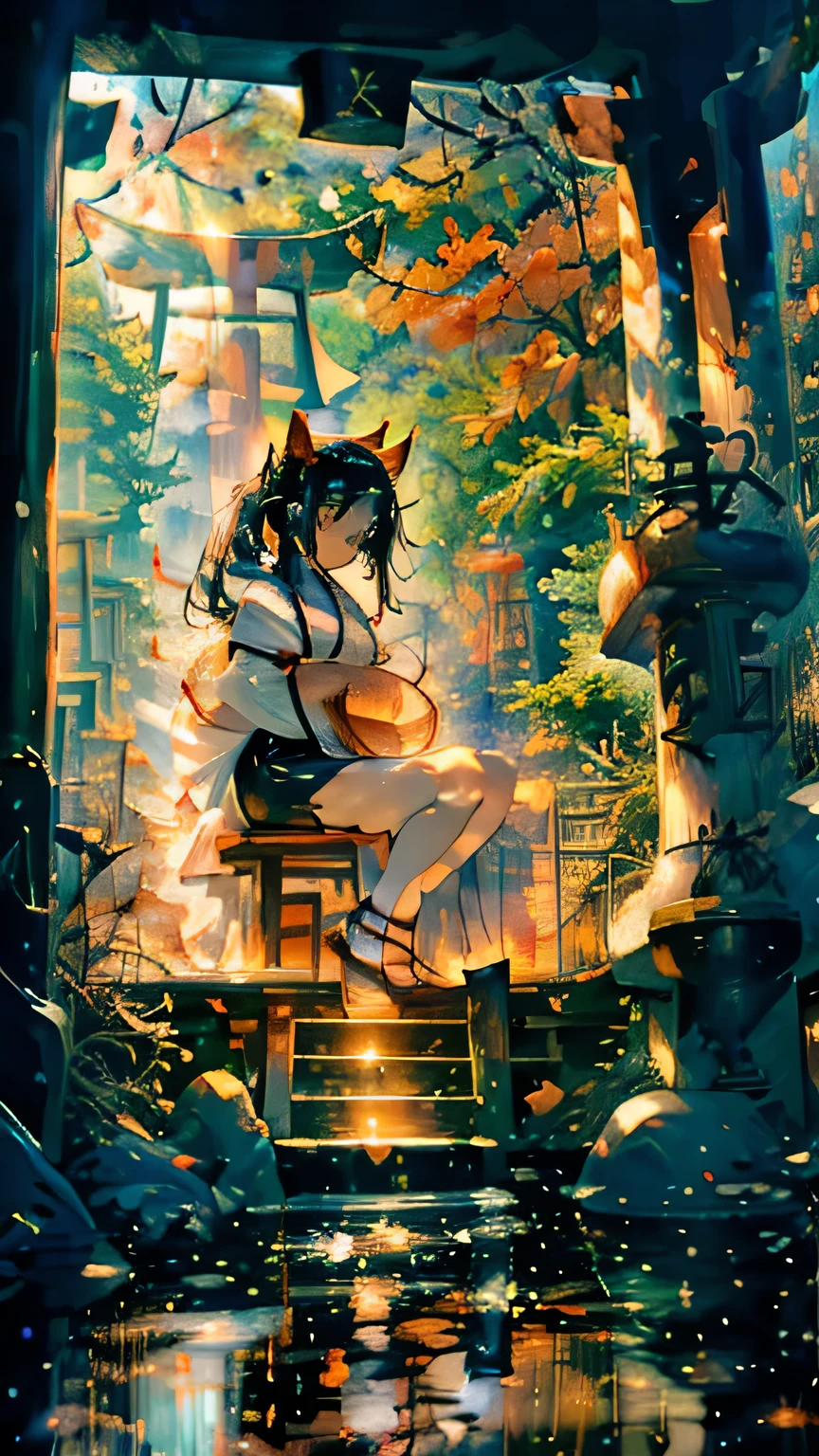 ((masterpiece:1.2)), (( top quality :1.2)),  1 Shinto Shrine Maiden((Cat ears, (Priestess Outfit :1.3), Tied black hair, (((輝く瞳:1.4))), [Cat ears:1.4])), (gentle eyes and face ), (Sitting on stone steps, A black cat is sitting next to me:1.5),  look at black cats and smile , (Torii gate piled up with snow:1.3),((whole body:1.3,)), background\(snow, shrine:1.3), (Soft layer, Wide range of colors), (deep, gentle color),  Her reflection in the snowy torii gate blends into the surrounding nature, ( natural light:1.3), snow, snow, snow, light,  sparkling glitter 