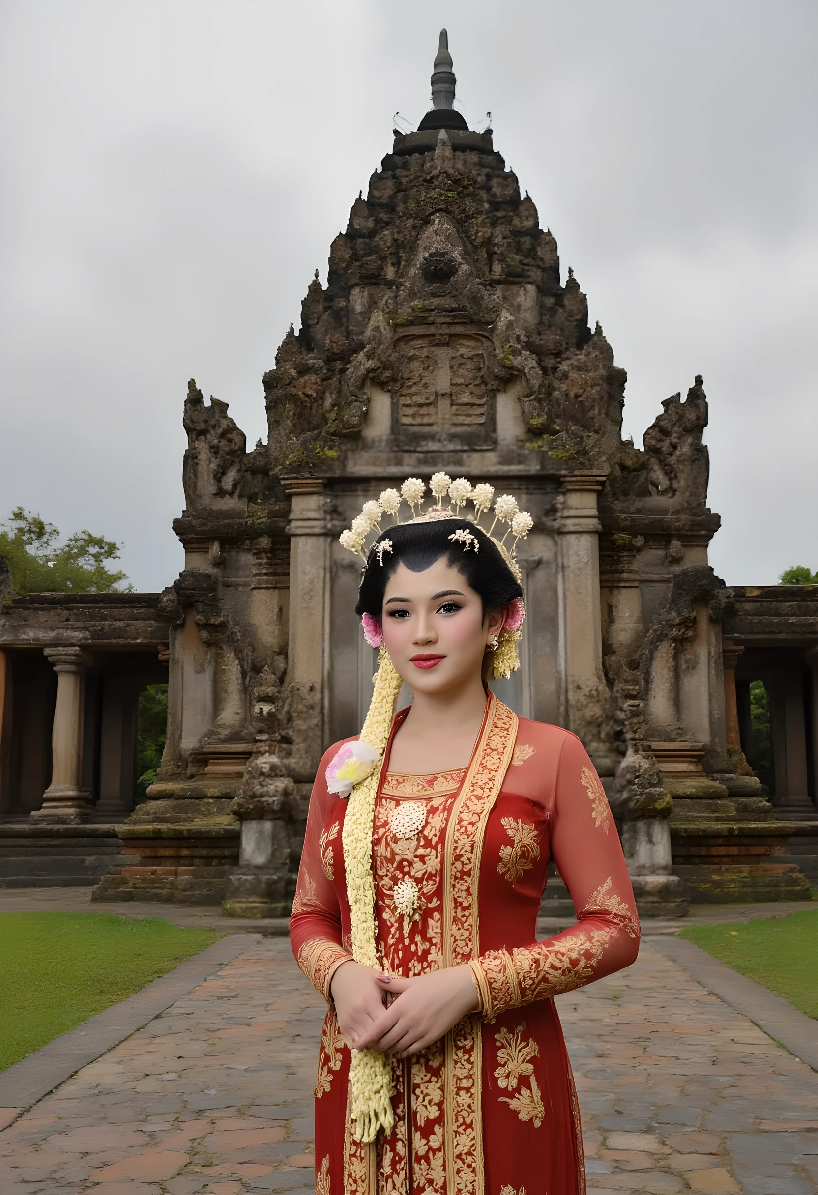 beautiful indonesian woman, standing in front of temple. Look at the viewer