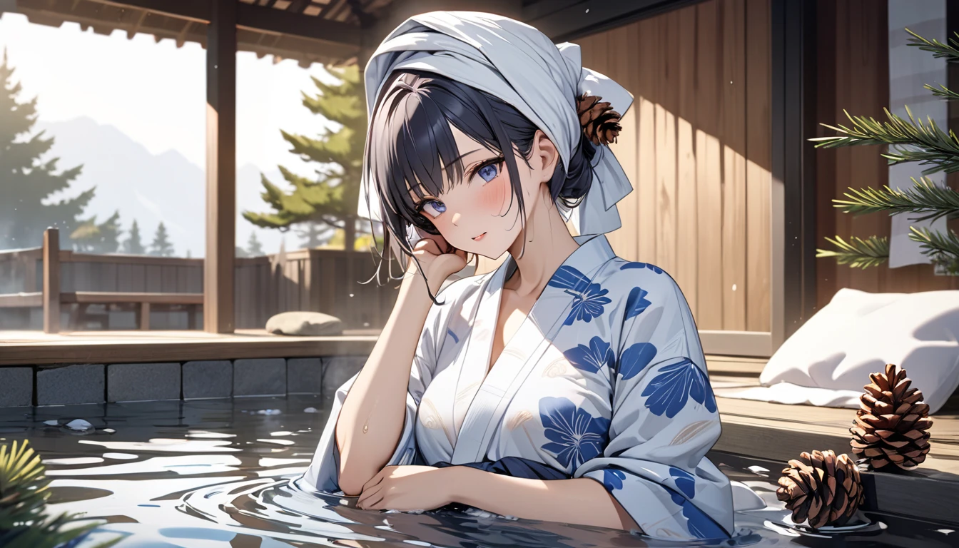 Beautiful girl in a yukata strolling around the hot spring town while relaxing after taking a bath, Wrap a towel around your head, Relaxed expression after bathing, A yukata that has fallen apart gives off sex appeal, Blue and white yukata , There are pine cones, tareme, UHD, retina, masterpiece, accurate, textured skin, anatomically correct, super detail, high details, high quality, highres, best quality, award winning, 16k