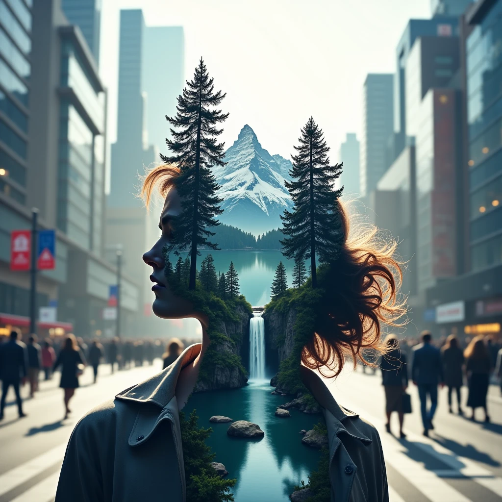 Jeddblexpsre,double exposure, A bustling street scene with skyscrapers in the background and a personâs silhouette filled with images of a serene mountain range and waterfall, symbolizing the escape into nature amidst urban chaos,