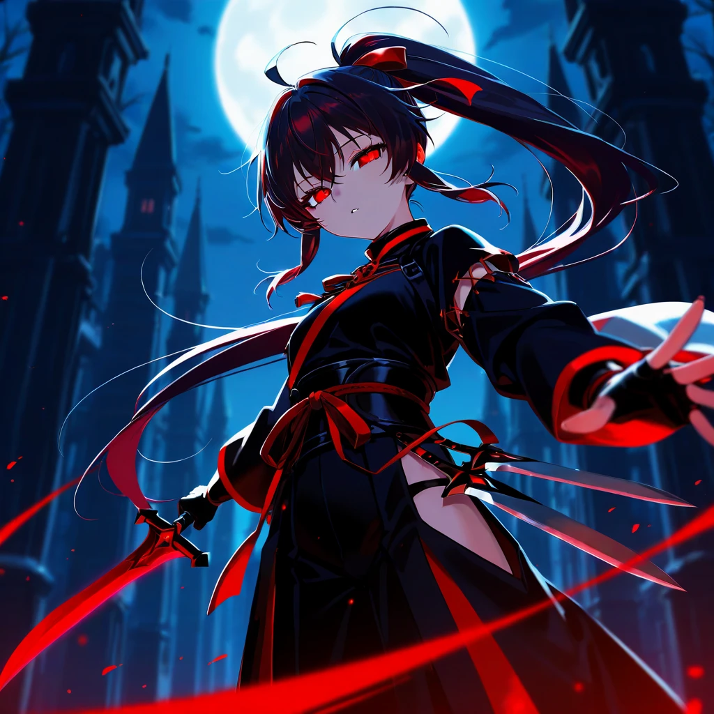  girl　Japanese style　 fantasy 　 Another World　 ponytail　 from the front　darkness　knife　Slanted Eyes　Red Eye