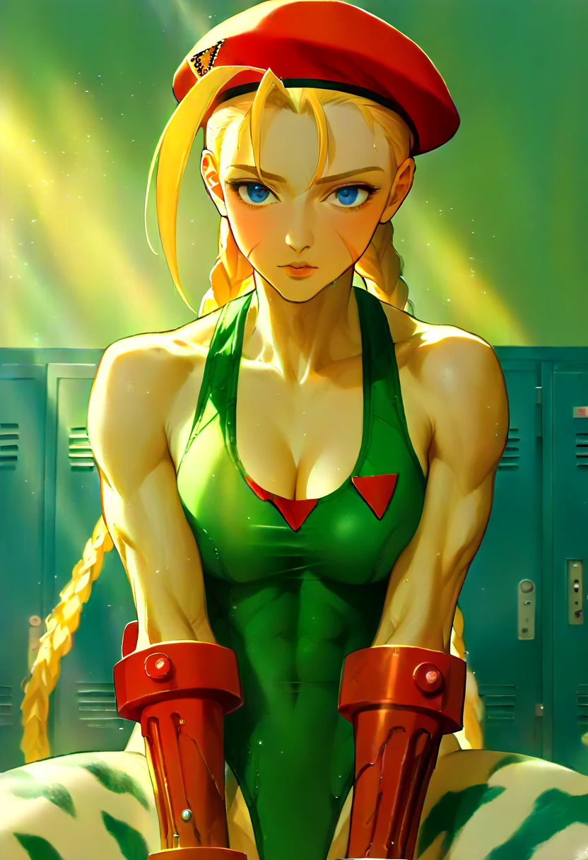 Hyper realistic super detailed sexy cammy white ,  very detailed, sexy facial expressions,  seductive facial expressions , [:(facial detail: 1.4): 0.4], 16K Resolution,  resolution 4k ,  dynamic lighting ,  high definition resolution , (hyper-realistic: 1.4),(contrasting background: 1.5), ( cinematic lighting : 1.7), (intime),  ( Perfect Flat Belly), ( colorful image ),  cammy white  ,breasts,  cleavage, Blush, medium breasts, (Pose sitting on a locker room bench),  looking at the viewer, clavicle, Solo Focus,Sweat, throw,  cammy white , double braids,  long hair , blonde, hair antenna, killed, ( red hat:1.3),  Blue Eyes,  cheek scar , green swimsuit, large breasts, sleeveless, red gloves, fingerless gloves, camouflage,