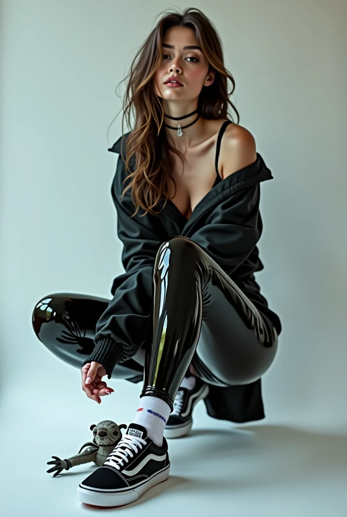  18 years old girl, wearing shiny clothes, latex stockings, socks and vans skateshoes, focus on legs