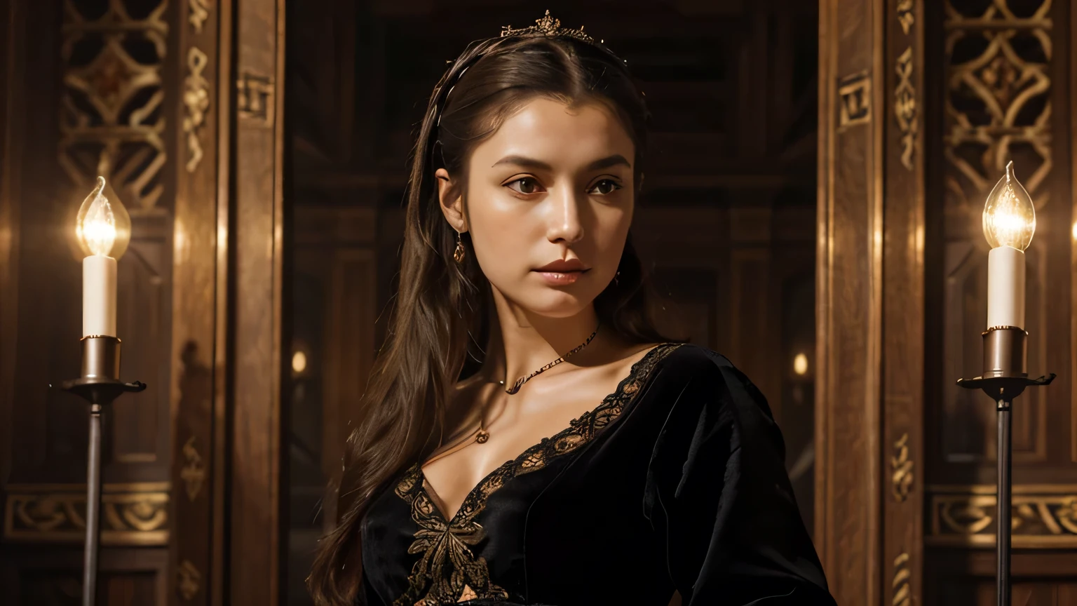A highly detailed, cinematic portrait of a powerful female leader, elegant and commanding presence, dramatic lighting, rich jewel-toned colors, intricate robes and headpiece, piercing gaze, 8k, photorealistic, dramatic, cinematic, chiaroscuro lighting, dramatic colors, regal, authoritative, masterpiece