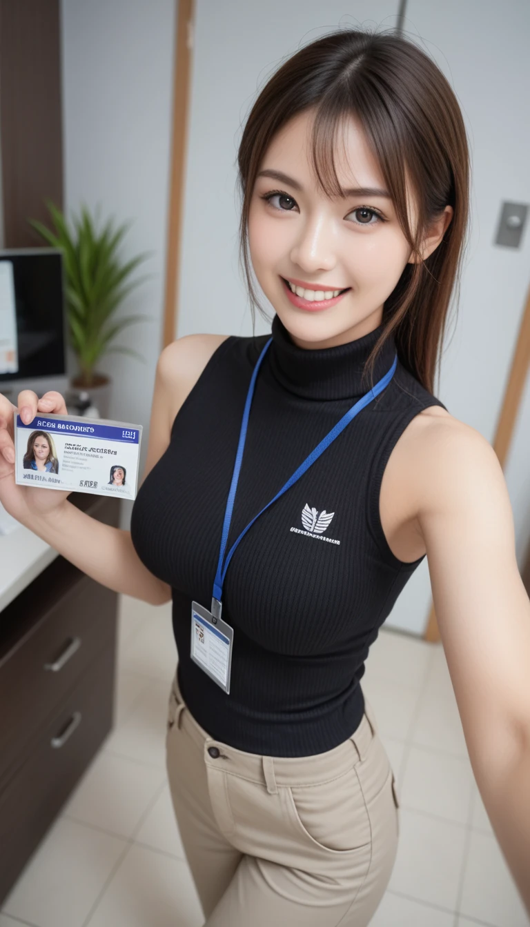 ultra detailed, detailed face, detailed eyes, beautiful doe eyes, masterpiece, best quality, photo realistic, absurdres, 8K, raw photo, 1girl, solo, beautiful young woman, 20yo, realistic skin texture, shiny skin, office,  chino pants,  turtleneck, id card, lanyard, sleeveless, perfect body, natural big breasts, grin, walking in the office,((face is not shown)),((I can't see your face)), ((Walking while taking selfies from the chest down)), ((from side above))