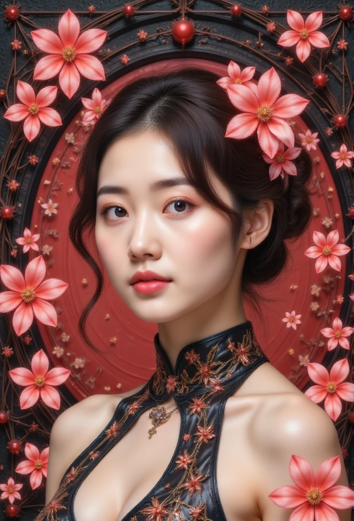 (masterpiece,  best quality:1.2), ,  unique , Beautiful Face ，red minimalist art nouveau， illustration style ，Black and red，flower