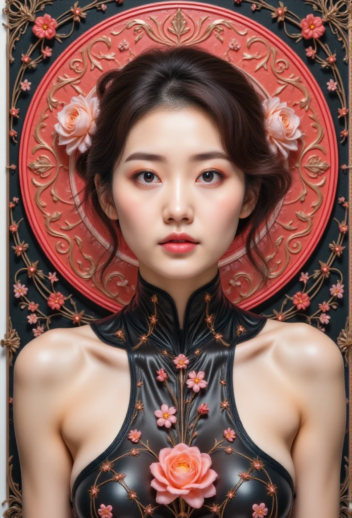 (masterpiece,  best quality:1.2), ,  unique , Beautiful Face ，red minimalist art nouveau， illustration style ，Black and red，flower