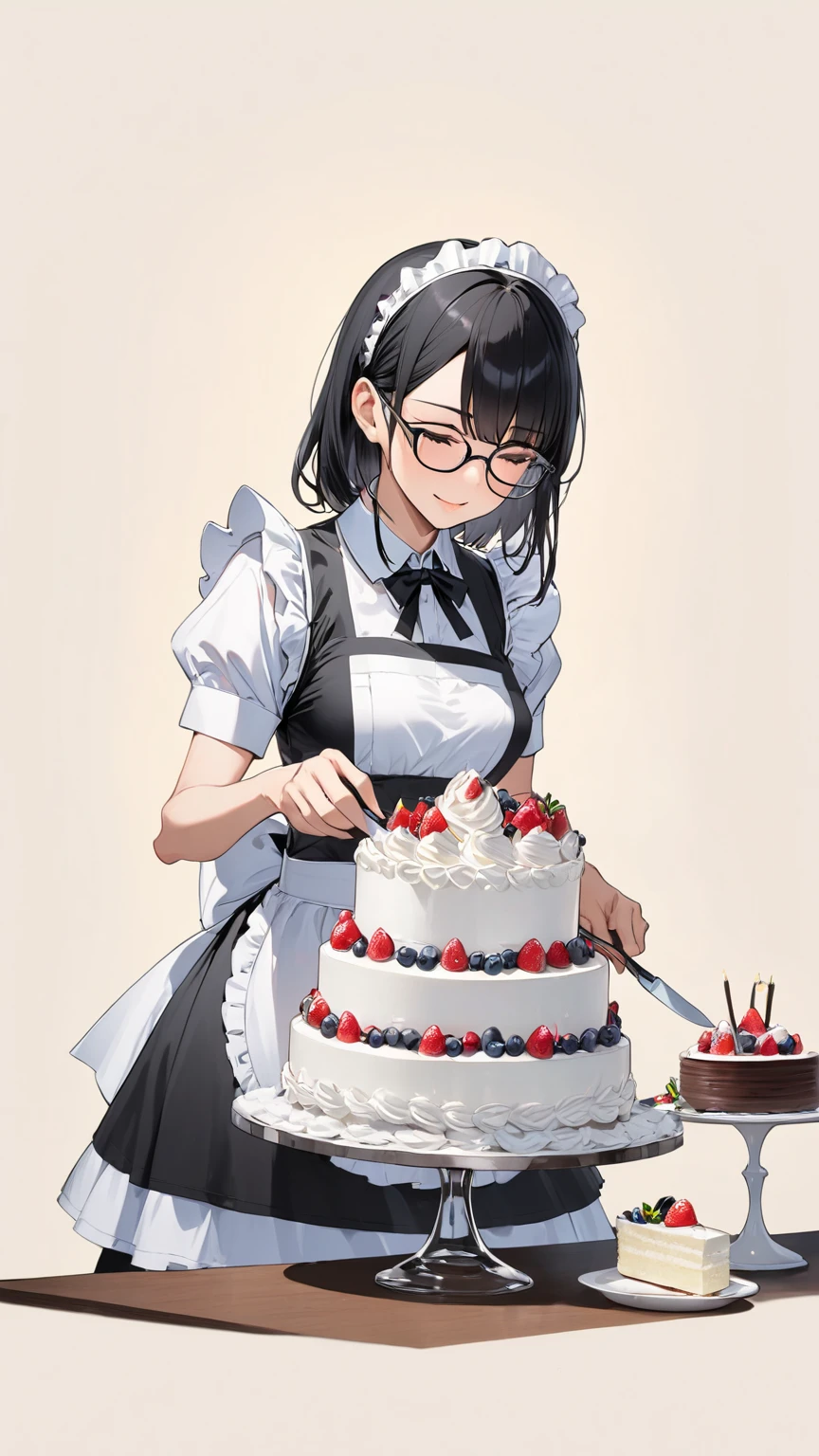 Black hair, glasses, maid uniform, cutting the cake