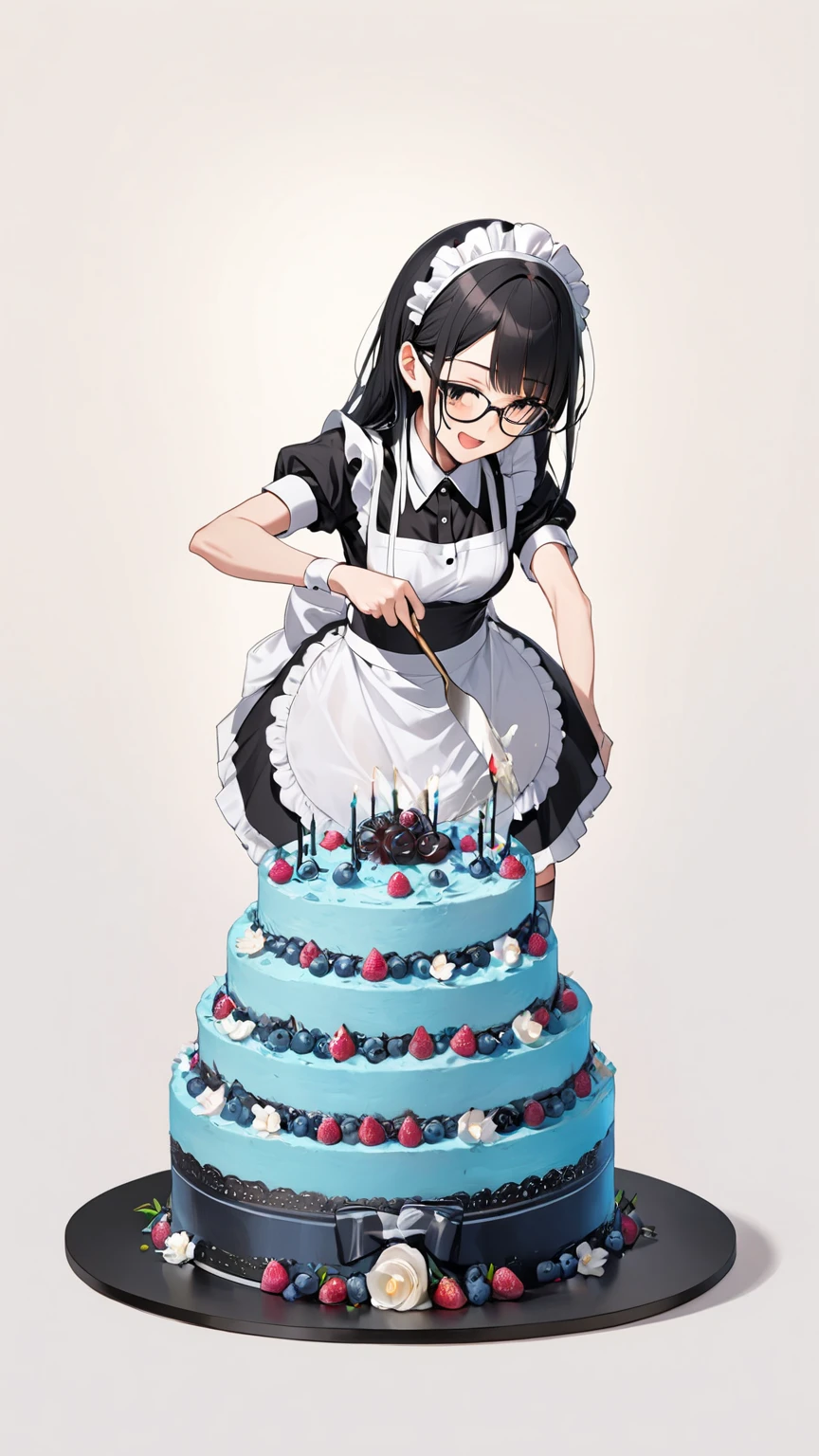 Black hair, glasses, maid uniform, cutting the cake