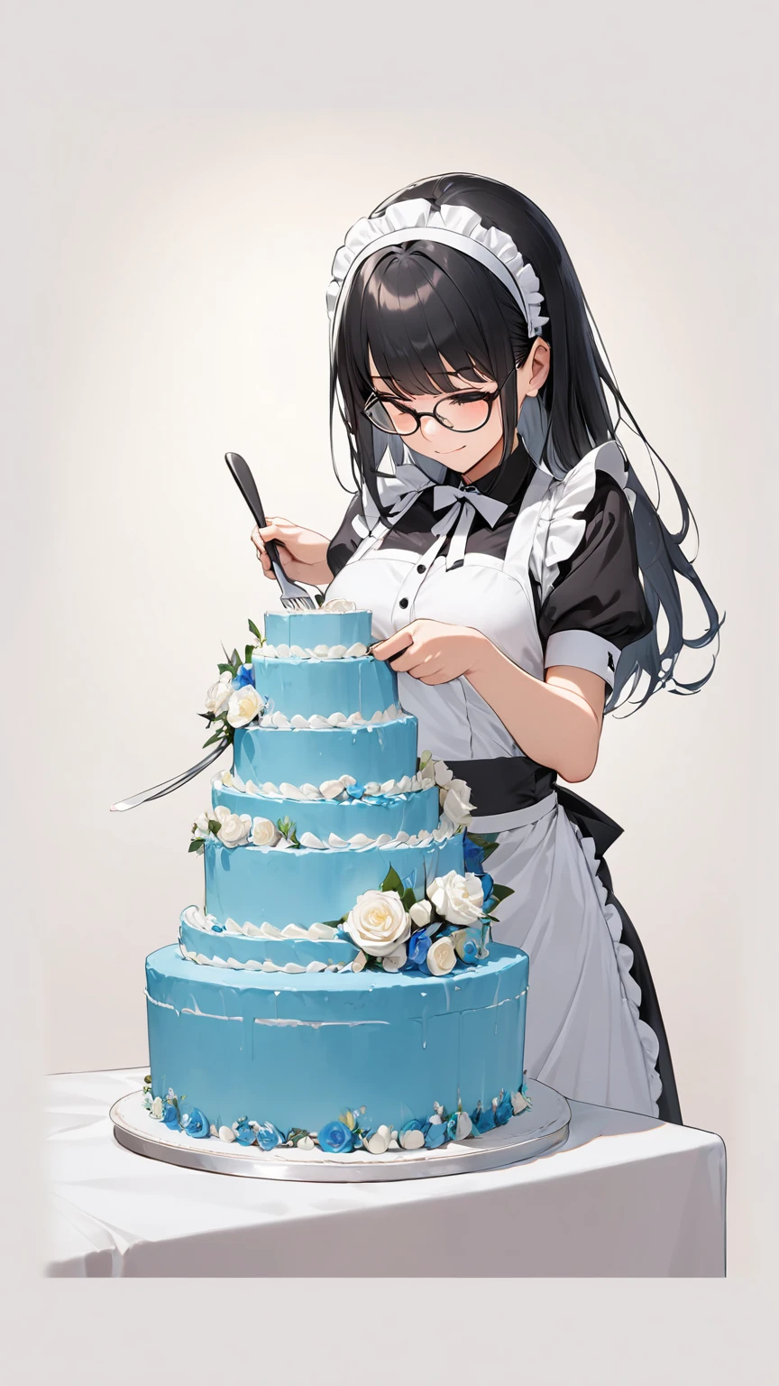 Black hair, glasses, maid uniform, cutting the cake