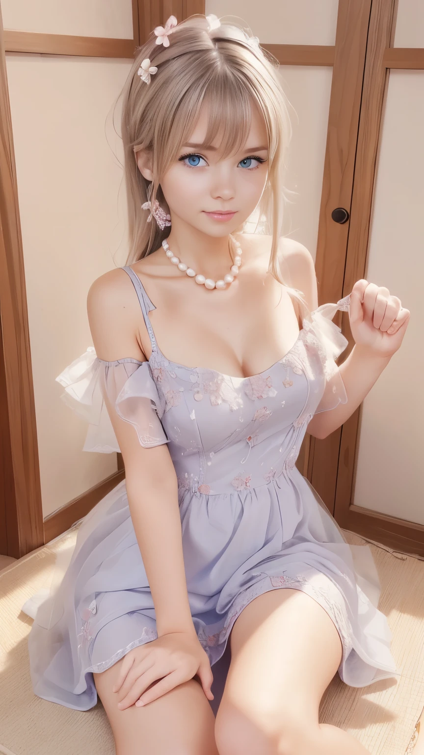 Sweet Girl Clothes 2,Pearl Necklace,Blue Dress,flower,Reality地, high resolution, 1 female, solitary, (Delicate face), Brown hair, blue eyes、beautiful 、Clive Arch、mix４, (Best Illustration Award: 1.1), (The best shadow: 1.1), Express、Radiant Skin。Practical、(Reality:1.37)、(Korean pop idol)、Messy hair、Medium Length Hair、(Pink blush)、(illuminate)、(Solitary)、Dynamic poses、(Thin legs)、North African Trade Zone、Very detailed content ambient occlusion、超high resolution, 超Practical, Very detailed content