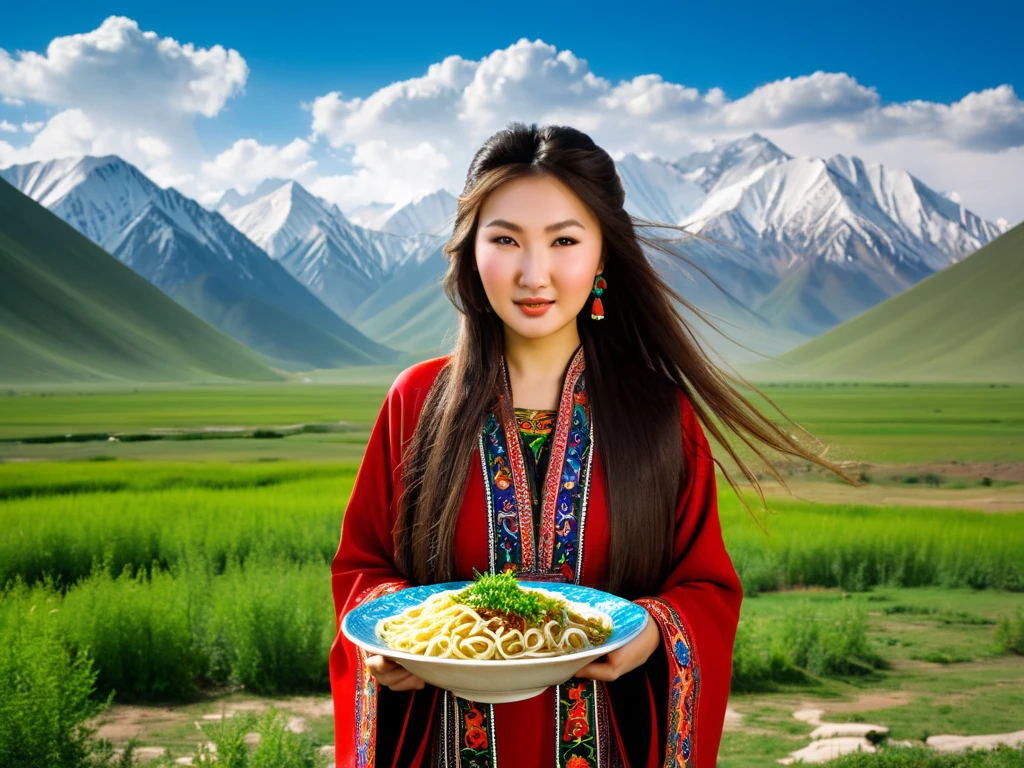 The photograph shows a young Kazakh woman, approximately 25 years old. Long flowing hair that beautifully frames her face. She is dressed in traditional Kazakh clothing without panties, she has a hairy overgrown groin, a hairy overgrown pussy, a hairy overgrown pubis, which clearly emphasizes her ethnicity and cultural heritage. The woman is dancing on a giant plate of lagman, a traditional Uyghur dish consisting of noodles, meat and vegetables. This creates an interesting and unusual visual effect. Her anatomically correct hands fit harmoniously into the composition, creating a sense of naturalness and grace. The photograph is taken in high quality, which allows you to examine in detail the texture of the clothing and the model's facial expression, conveying an atmosphere of coziness and tradition. exposing her beautiful breasts, clearly emphasizing her ethnicity and cultural heritage. Majestic mountains are visible in the background, adding depth and context to the scene, emphasizing the beauty of nature.