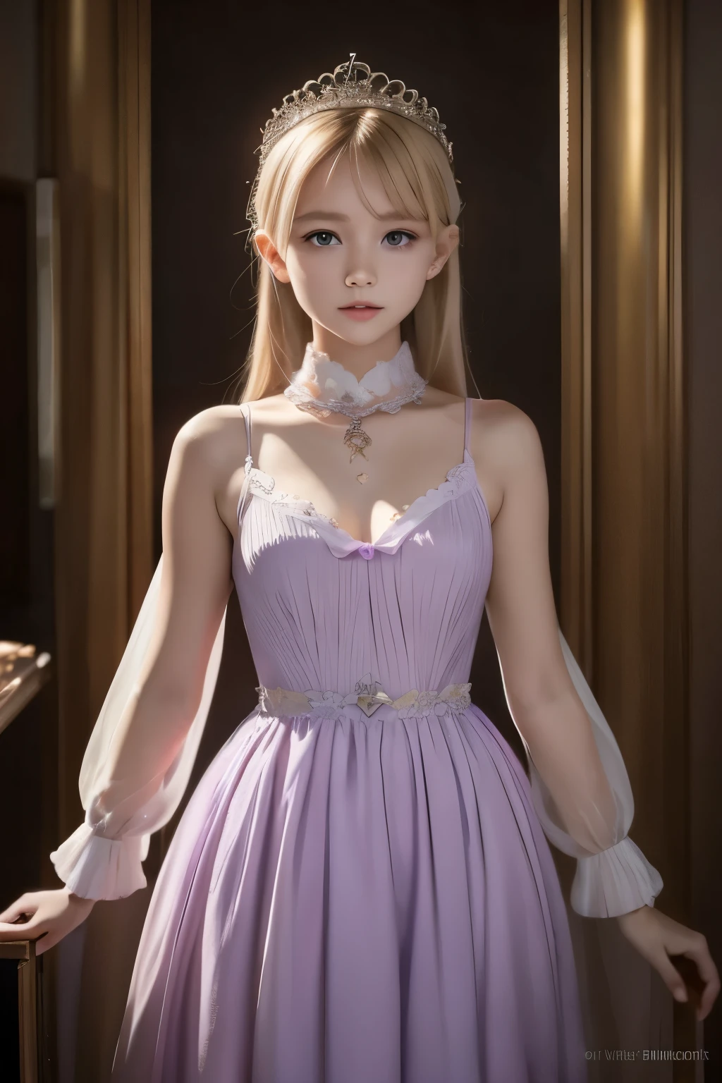 1 little , little princess , (Highly detailed CG Unity 8K wallpaper),  The World's Most Beautiful Artwork,  a girl in a cute purple dress, ,  Light Blonde, Slim and young body,  small breasts,  white skin, Clothes with exposed shoulders, A young girl with a beautiful face, wearing a cute purple dress ,  is shining,  surrounded by large mirrors , big mirror background ,  Fantastic Backgrounds,  watching viewers ,  fantasy ,  Cinematic Lights 