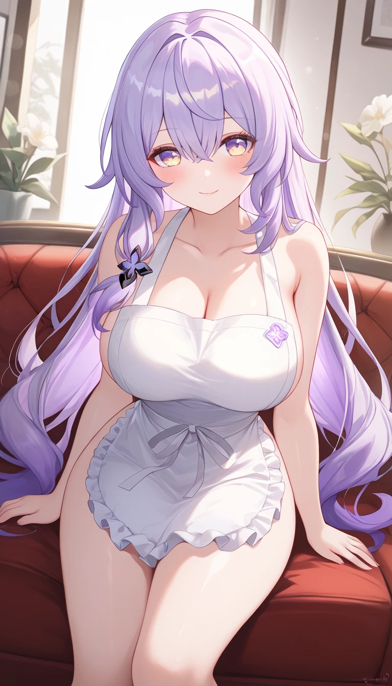 ultra-detailed,(best quality),((masterpiece)),(highres),original,extremely, 1girl, black swan,honkai star rail,beautiful lady, milf, beautiful woman, beautiful body, mature,sexy, mother, looking at viewer, yellow eyes, purple hair, large breasts, blush,closed mouth,kind smile, happy, multicolored hair, long hair, naked apron , living room,on the sofa ,bere naval,