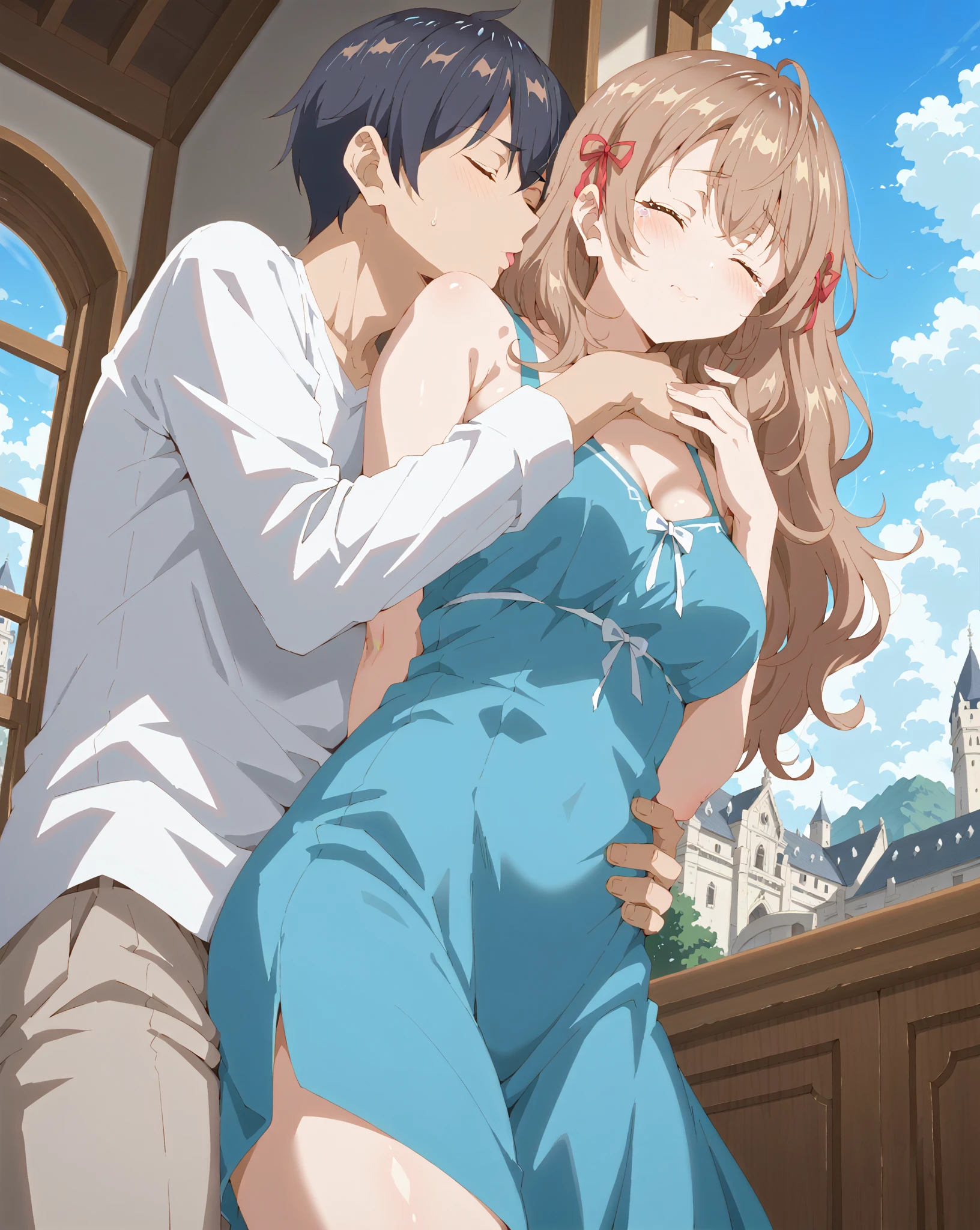 nsfw,sex with one man,creampie,downblouse,one woman,skyblue dress,wariza,sleeping,hug,whole body,plump body,gleaming skin,cute face,beautiful face,embarrassed,crying,flushed cheeks,closed eyes,wave hair,peer in from below,evening,castle,ribbon,illustration style,anime style,high quality,illustration,masterpiece,grainy,highly detailed,kiss,stylish