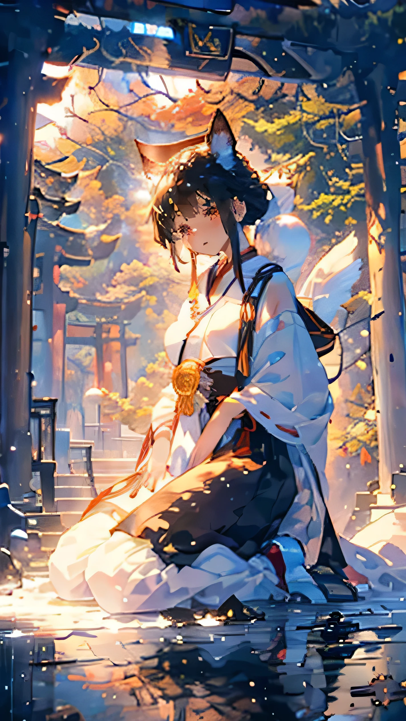 ((masterpiece:1.2)), (( top quality :1.2)),  1 Shinto Shrine Maiden((Cat ears, (Priestess Outfit :1.3), Tied black hair, [Cat ears:1.4])), (gentle eyes and face ), (I'm sitting on a stone staircase covered with snow, A black cat is sitting next to me:1.5),  look at black cats and smile , (Torii gate piled up with snow:1.3),((whole body:1.3,)), background\(snow, shrine:1.3), (Soft layer, Wide range of colors), (deep, gentle color),  Her reflection in the snowy torii gate blends into the surrounding nature, ( natural light:1.3), snow, snow, snow, light,  sparkling glitter 