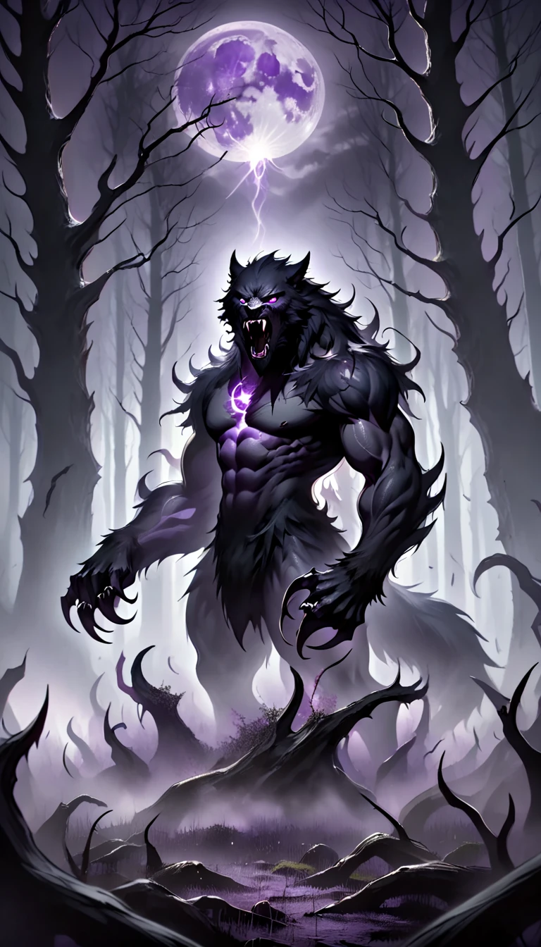 
"A massive, ferocious black werewolf standing on hind legs, its muscular body covered in sleek, pitch-black fur that glistens under the faint moonlight. Its sharp claws glint menacingly, and its jagged fangs are bared in a snarling expression. Its glowing purple eyes burn with a supernatural intensity, exuding both power and an eerie, otherworldly intelligence. The werewolf’s posture is imposing, with a faint aura of purple mist emanating from its body, blending with the dark, foggy forest backdrop. The ground beneath it is cracked and scattered with claw marks, adding to the scene's feral and dangerous atmosphere."
