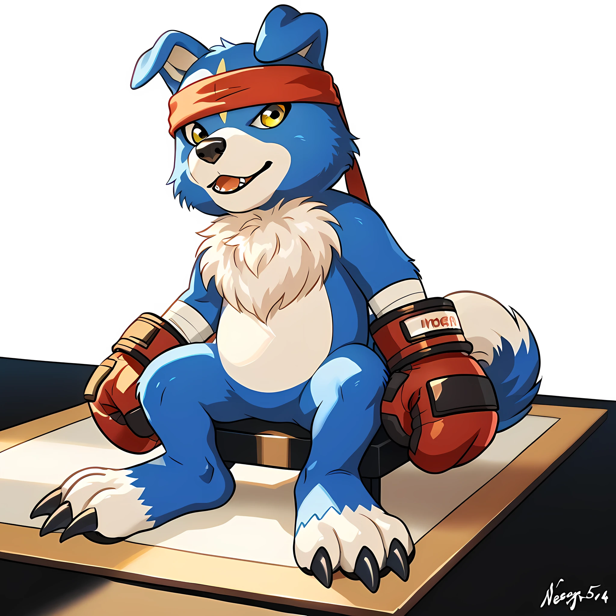 source_anime, cartoon, gaomon (character), digimon (creature), dog boy, blue body, headband, yellow eyes, boxing gloves, white background, detailed, (cel shaded, flat colors):1.5, full body, by wfa, by negger, sitting, legs spread,