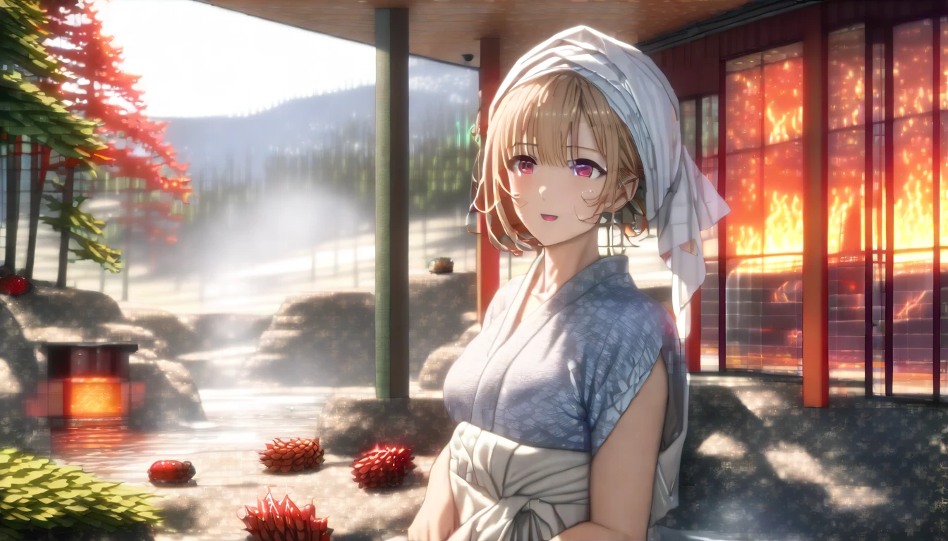 Beautiful girl in a yukata strolling around the hot spring town while relaxing after taking a bath, Wrap a towel around your head, Relaxed expression after bathing, A yukata that has fallen apart gives off sex appeal, Blue and white yukata , There are pine cones, (Don't go to hot springs:2.0), tareme, UHD, retina, masterpiece, accurate, textured skin, anatomically correct, super detail, high details, high quality, highres, best quality, award winning, 16k