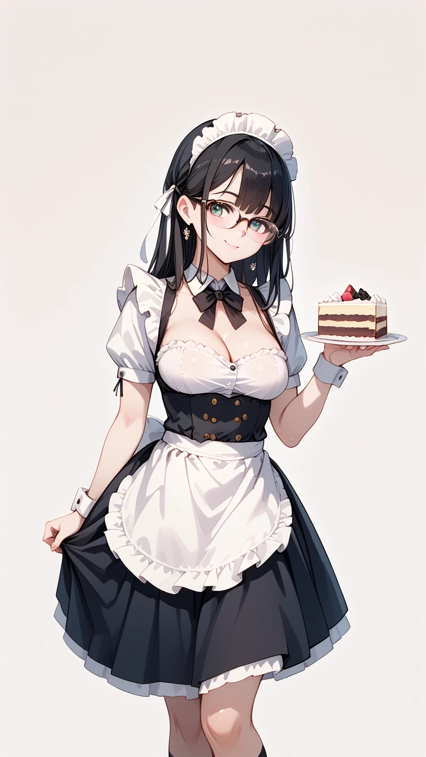 Black hair, glasses, maid uniform, cutting the cake