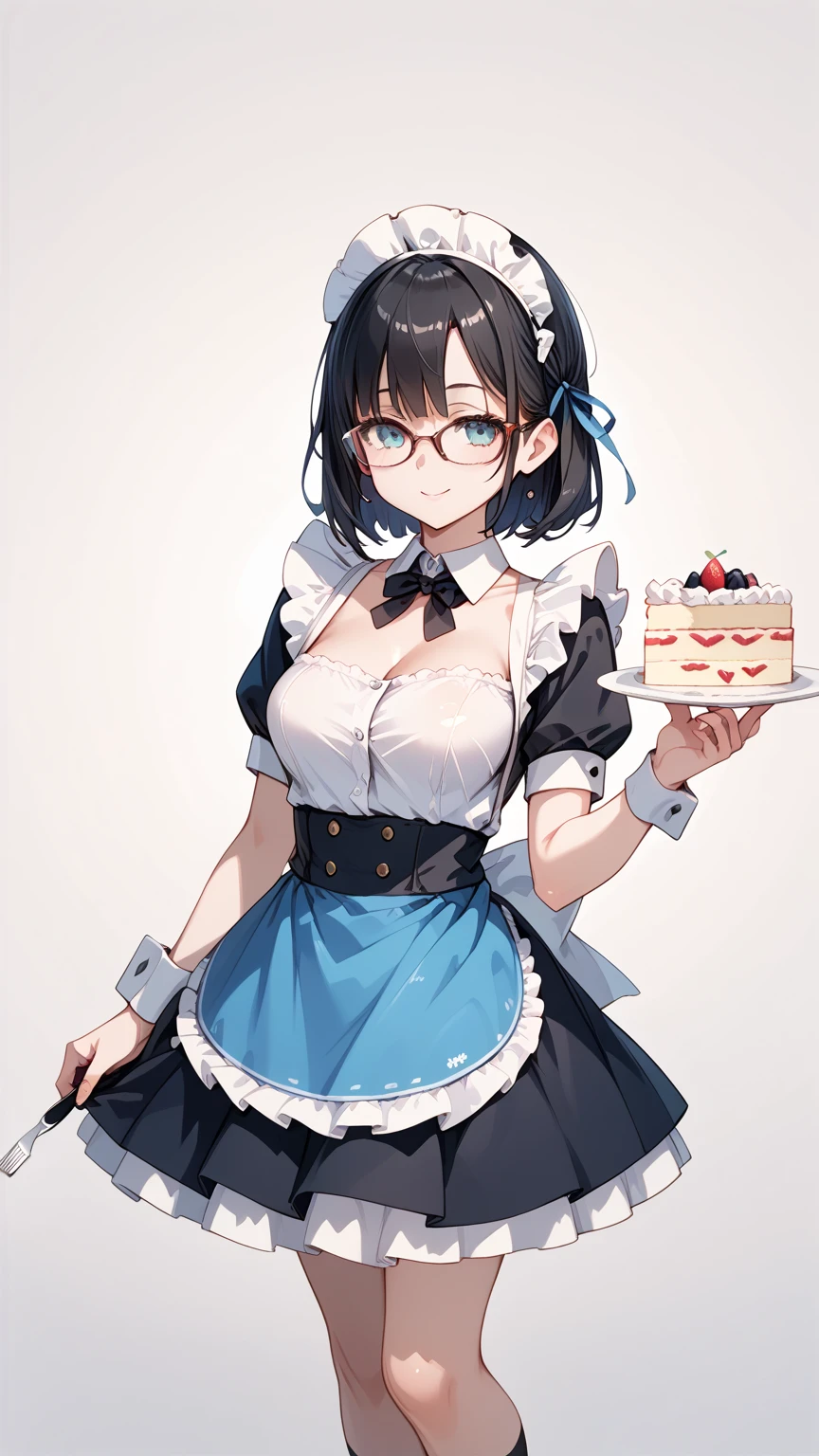 Black hair, glasses, maid uniform, cutting the cake