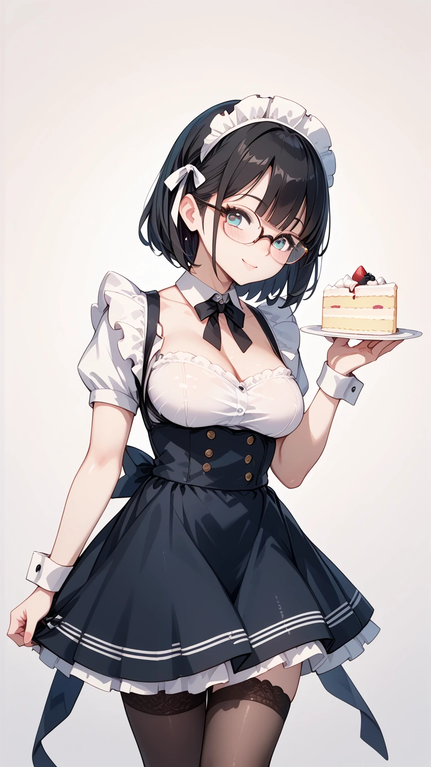 Black hair, glasses, maid uniform, cutting the cake