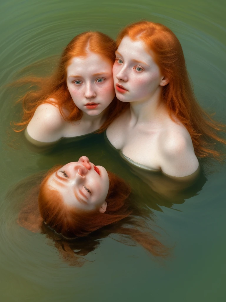 From above, a girl whispering into another girl's ear, overhead view , of a Pale Redhead younger ,  Bust, swiming in lac, Alphonse Mucha inspired, photorealistic, 8k, hyper detailed, high quality