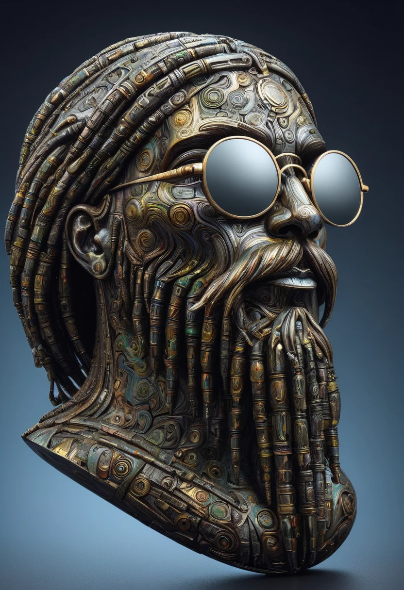   A three-dimensional suspended Rastafarian head {x} A retro futuristic sculpture made of thousands of pieces of acid-corroded Damascus steel,  a three-dimensional suspended Rastafarian head , View from the side, Look Back, look up, Full head lock , (pilot,  mirror sunglasses :1.2),  hair lock beard ,  Damascus pattern ,  cold steel ,  backlit , Highly reflective,  dark gradient background , Volumetric Fog