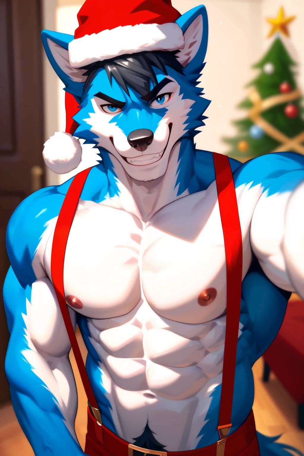 (alone on the ship),(sexy pose:1.2),(realistic fox cousin),(gay),(blue eyes),(hairy male pubic hair),(sexy and tight thong),(very handsome muscle),(Sexy body),(Sexy face),(Sexy abdomen),(Tattoos),(holding a smartphone:1.3,(selfie:1.1),(Looking at me),(seductive smile),(blue fur),(NSFW),