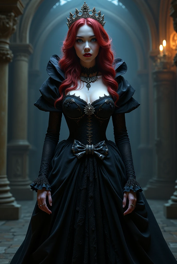 Beautiful gray-skinned vampire girl in full growth, named Irina, blond bright red curly hair, With a mysterious look, eyes glow with a yellow otherworldly light. black gothic dress made of black fabric. Saxophone in the hands of Irina. Irina looks out from around the corner of the house in the light of the street lamps of a large gothic city.