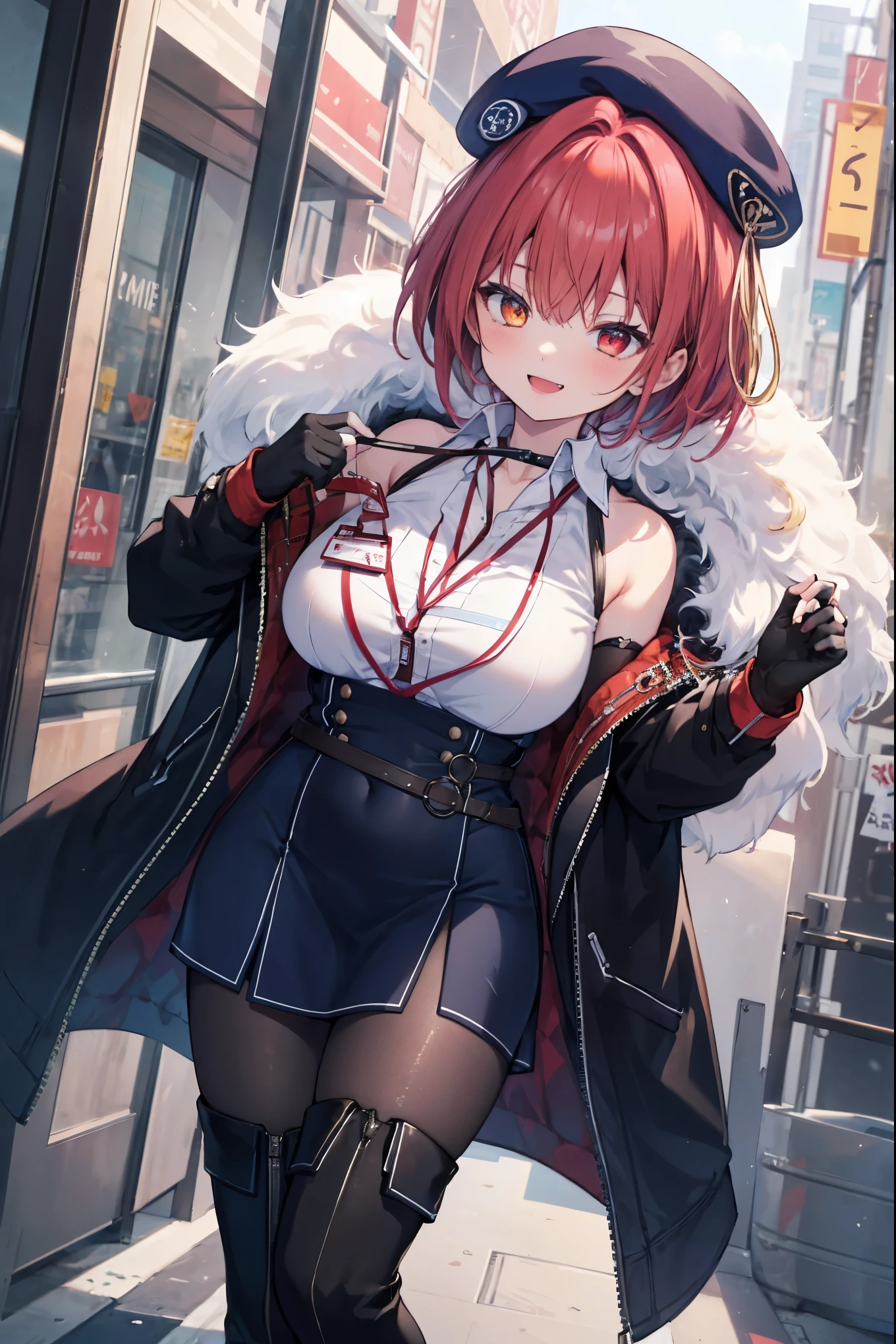 ((Masterpiece)), (Best Quality), marine_beret, Collared Shirt, Sleeveless, High-waisted Skirt, Pantyhose, Blue Jacket, Fur Embellishment, Fingerless Gloves, ID Card, Solo,smile,odd_eye