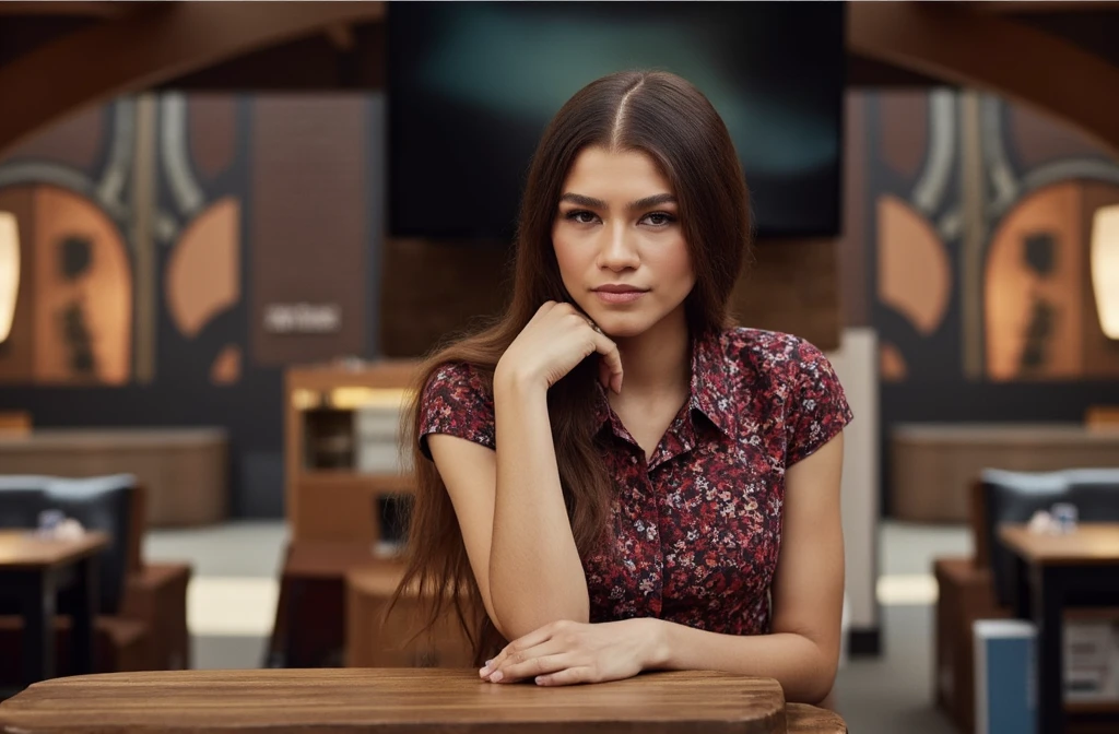 High res waist up portrait photo of a woman directly facing the camera . She is not looking at the camera with a slight seductive look. 